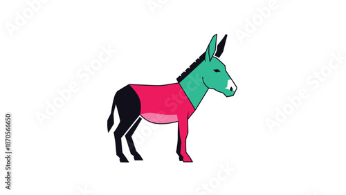 Colorful donkey illustration with vibrant hues and unique artistic style on white background.