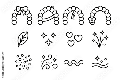 Balloon Arch Icons. Balloon arch decor. Line outline icon set of Balloon arch decor: bow topper, ribbon stripe