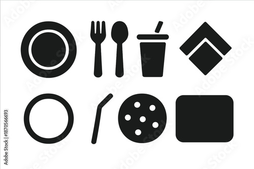 Birthday Table Layout. Birthday table flat lay. Filled icon set of Birthday table flat lay: plate, fork, spoon