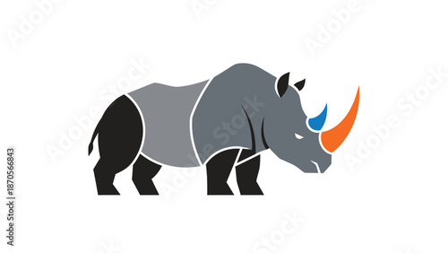Stylized illustration of a rhinoceros with a vibrant orange horn and blue accents.