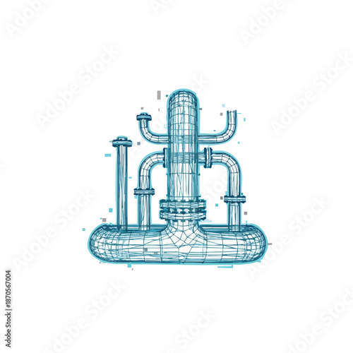 Wireframe illustration of industrial equipment, chemical plant machinery, and complex pipeline system