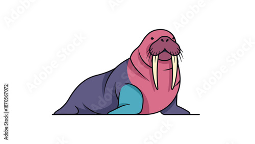 Cartoon walrus illustration with tusks, whiskers, and colorful body, isolated on white background.