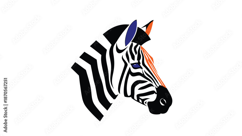 Fototapeta premium Artistic zebra head illustration with vibrant colors and bold stripes on white background.