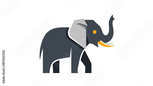 Stylized illustration of an elephant with a raised trunk and large tusks.