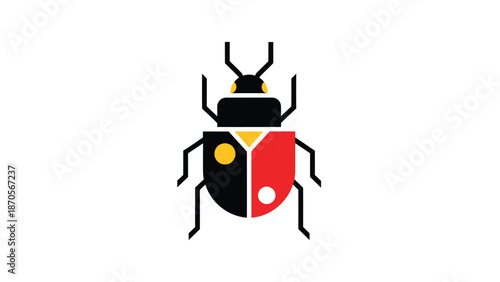 Stylized insect illustration with geometric shapes and vibrant colors on white background.