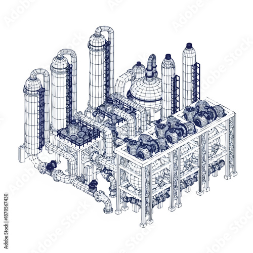 Isometric wireframe blueprint of an industrial processing plant with tanks, pipes, and machinery, symbolizing engineering, technology, and manufacturing processes.