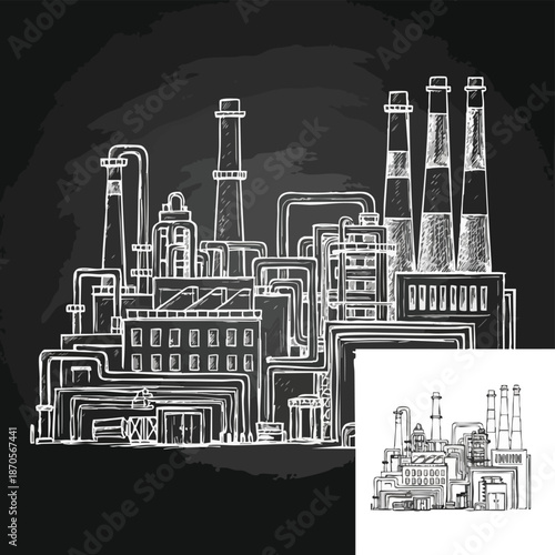 Hand-drawn chalk sketch of an industrial factory plant with smokestacks and pipes on a blackboard background. Manufacturing and production concept.