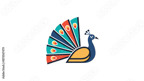 Colorful peacock illustration with vibrant feathers and elegant posture on white background.