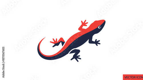 Stylized lizard illustration in vibrant red and navy blue colors, simple design.