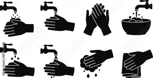 Hand Washing and Hygiene Icon Set. Collection of Water Faucet Symbols, Soap Lathering Actions, Hand Drying Outlines, and Sanitization Silhouettes, Hand Washing vector