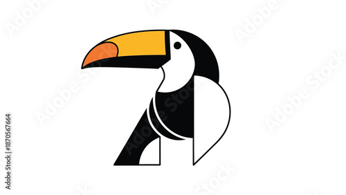 Stylized toucan bird illustration with a geometric design and vibrant colors on a white background.