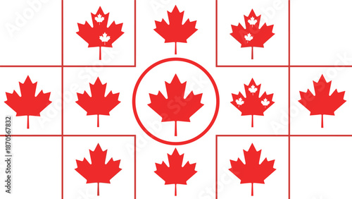 Grid of Canadian maple leaf icons with center highlight, patriotic symbol illustration for national identity and themed design concepts