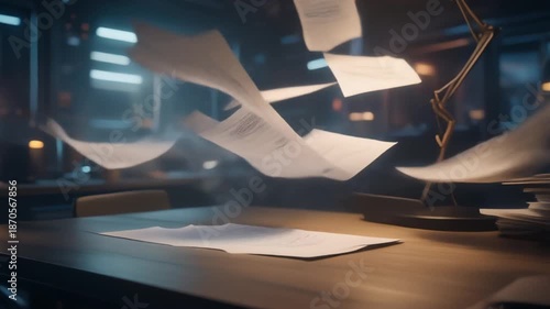 Documents flying off a desk in a dimly lit office environment.