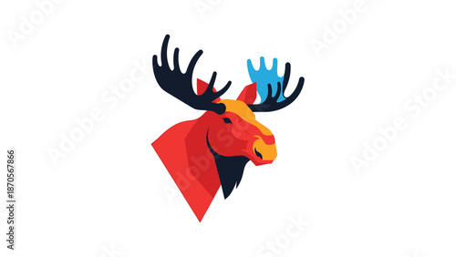 Stylized moose head illustration with vibrant colors and unique antler design.
