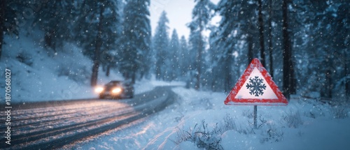 The Snow Warning Sign on a Snowy Forest Road with Driving Car