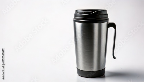 Stainless steel travel mug with black lid and handle.