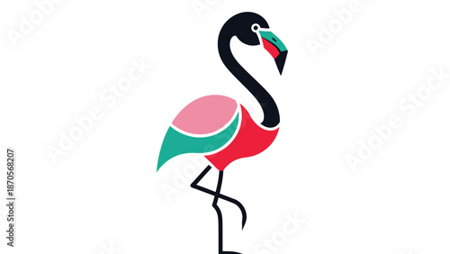 Colorful flamingo illustration standing gracefully with a vibrant design on white background.