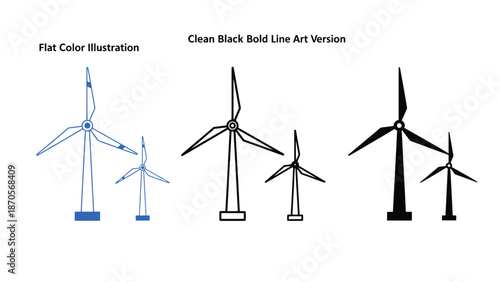 A set of wind turbine illustrations in various styles and colors.