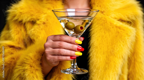 Bold Yellow and Red French Manicure Hand Elegantly Holds Martini Glass with Olives, Showcasing Luxe Yellow Fur Coat and Sophisticated Celebration