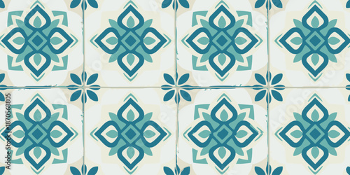 Ornate tile pattern featuring geometric shapes and floral designs in teal and white hues