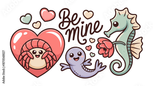 Oceanic Romance: Cute ocean creatures express affection, with a heart shape and charming seahorse proposing to his soulmate.