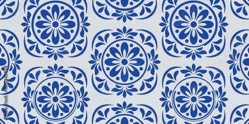 A seamless pattern of blue floral motifs and ornate designs on a white background viewed from directly above.