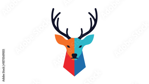 Colorful geometric deer head logo with antlers on a white background, modern design.