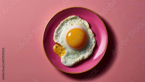 Minimalist Fried Egg on Pink Plate with Gold Rim, Pop Art Style Breakfast Food Photography on Pink Background