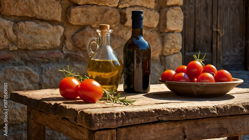 Rustic Mediterranean Still Life with Olive Oil, Fresh Red Tomatoes, and Rosemary on a Wooden Table witha  Stone Wall Background