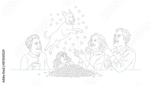 Family's Joyful Playtime with Dog: Witness the bond of family as they revel in playful moments with their canine companion. The image captures the pure.