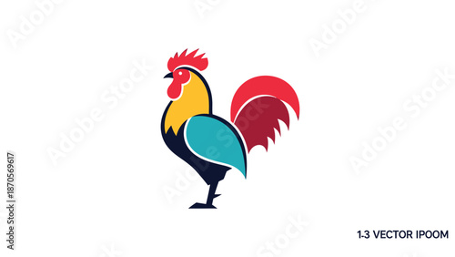 Colorful rooster illustration with vibrant plumage, standing proudly on white background.