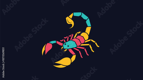 Colorful scorpion illustration on a dark background, vibrant and artistic design.