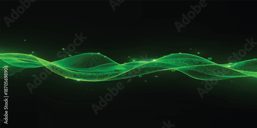 Abstract green and blue fractal wave pattern with glowing energy lines and smoke design technology backdrop