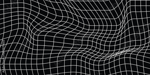 Futuristic perspective grid box. Abstract wireframe with white grid line on black background.