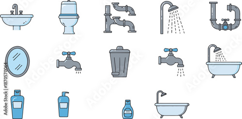 Bathroom and Sanitation Flat Icon Set with Toilet Sink Shower and Accessories