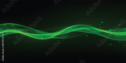 Abstract green background with flowing light wave design and glowing neon lines
