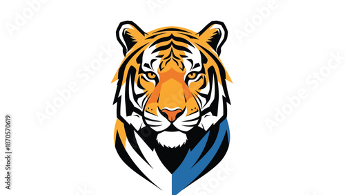 Vibrant tiger head illustration showcasing bold colors and striking details on white background.