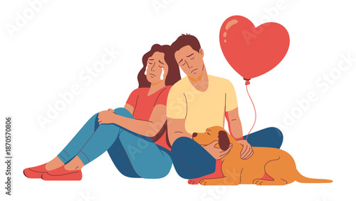 Tears and Tenderness: A couple, heads bowed in sorrow and heartbreak, share a moment of solace, alongside their faithful canine companion, and a heart shaped balloon symbolizing hope and affection. 