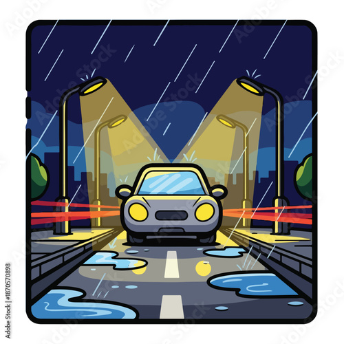 A car on a rainy road with streetlights