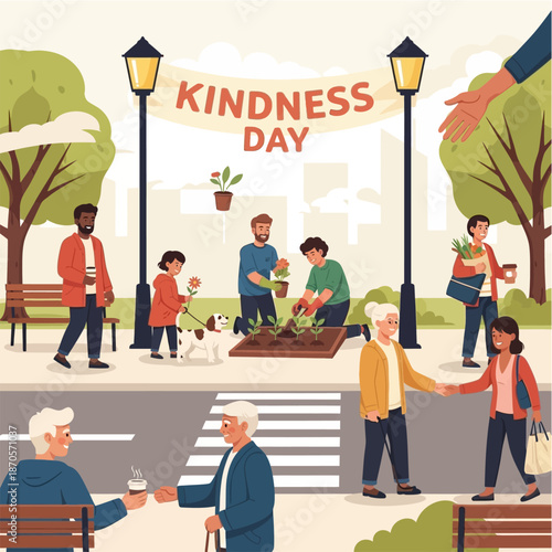 People showing kindness and compassion to each other on kindness day in a park with trees and street lamps with community and helping and support