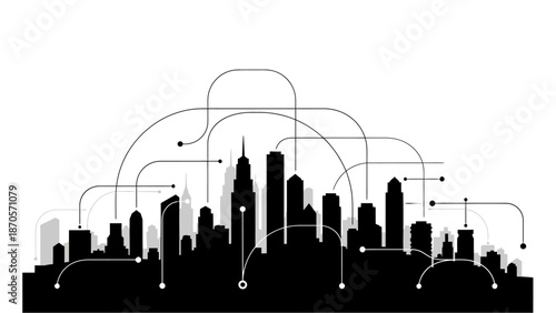 A sleek black and white city skyline silhouette at dusk with modern architecture and abstract network connections with skyscraper and urban and landscape
