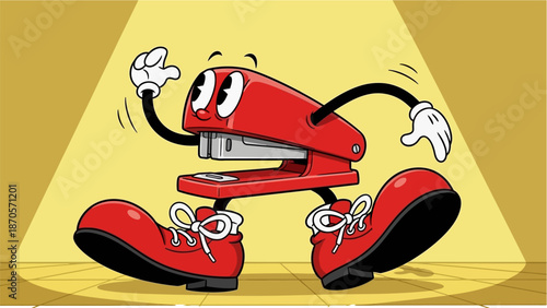 A red stapler with white gloves and shoes dances on a yellow stage with a spotlight shining down with cartoon and dancing and office supplies