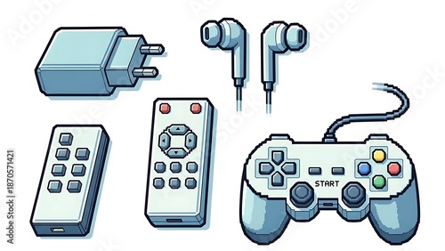 Collection of digital devices including charger remote controls headphones game controller