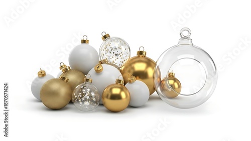Collection of Festive Christmas Ornaments in Gold and White.