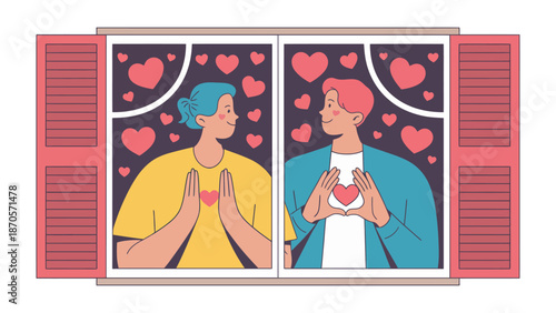 Love in the Window: An Illustration of Couple Embracing Affection. Featuring two individuals framed by a window, surrounded by heart symbols, radiating love and affection.