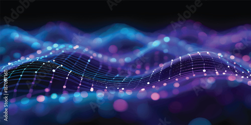 Dynamic blue lines and wave motion pattern backdrop with glowing light effect on a DNA strand helix background