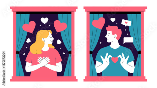 Window to Romance: Two individuals, bathed in the soft glow of a romantic evening, gaze longingly at each other, their hearts overflowing with love, the warmth of the scene is palpable.