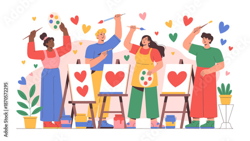 Artistic Harmony: Diverse group of people find solace and expression in painting, each brushstroke a testament to creativity. Embracing the essence of togetherness.