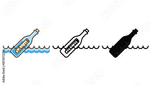 A colorful illustration of message bottles floating in the ocean with different designs