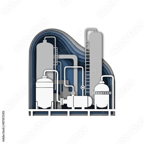 Industrial factory with tanks, pipes, and ladders, representing manufacturing and production processes
